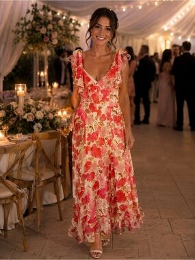 London Times Floral Ruffle V-Neck Maxi Dress - Pink Cream
